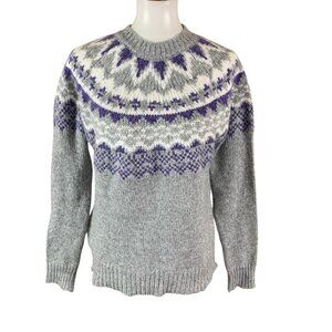 Lefties Fair Isle Sweater Gray Purple Knit Pullover Small Nordic Winter